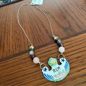 RUM Enamel Decanter Tag Antique Necklace on Sterling Silver Chain French